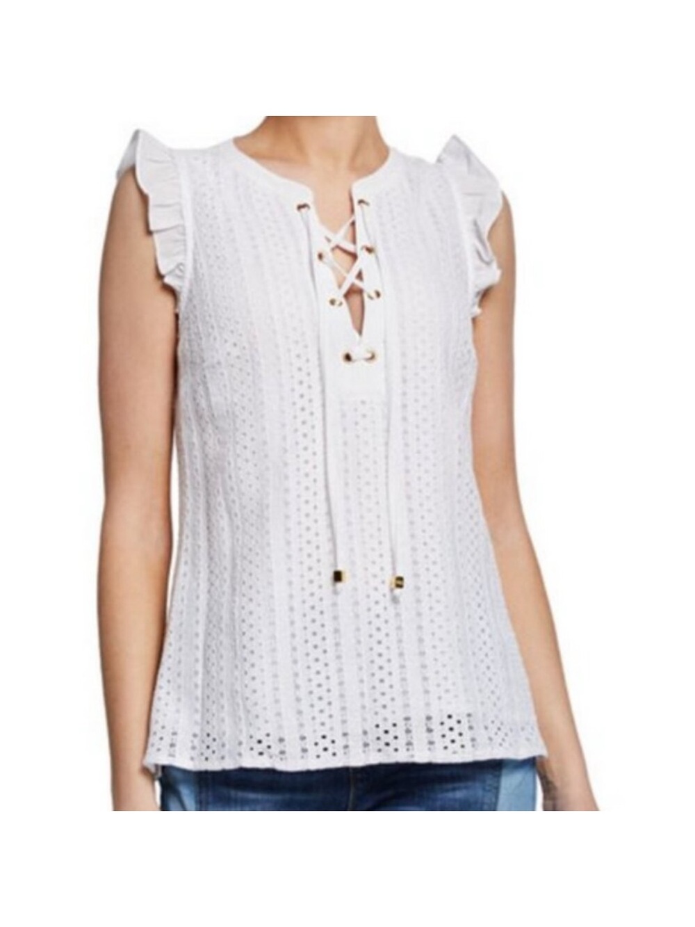 MICHAEL Michael Kors White Eyelet Lace-Up Ruffle Sleeve Camisole